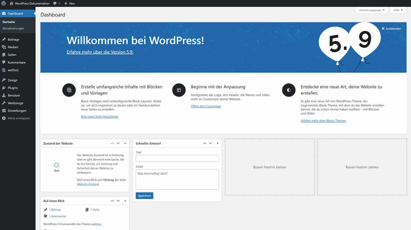 WordPress Tutorials - Dashboard des WordPress Backend